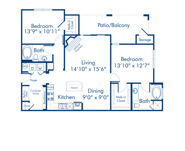 Blueprint of B2.2 Floor Plan, 2 Bedrooms and 2 Bathrooms at Camden Asbury Village Apartments in Raleigh, NC