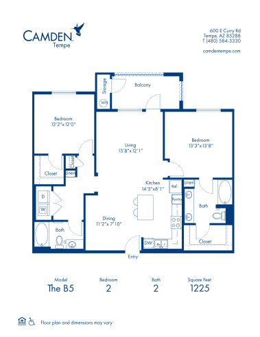 Blueprint of The B5 Floor Plan, 2 Bedrooms and 2 Bathrooms at Camden Tempe Apartments in Tempe, AZ