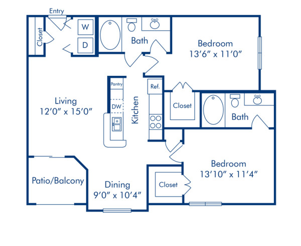 Blueprint of D Floor Plan, 2 Bedrooms and 2 Bathrooms at Camden Midtown Houston Apartments in Houston, TX