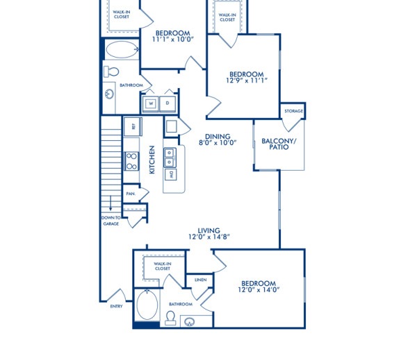 Blueprint of Thoroughbred Floor Plan, 3 Bedrooms and 2 Bathrooms at Camden Downs at Cinco Ranch Apartments in Katy, TX