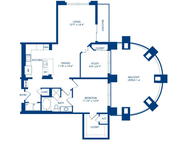 Blueprint of D with Terrace Floor Plan, 1 Bedroom and 1 Bathroom at Camden Post Oak Apartments in Houston, TX