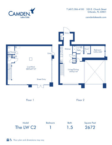 Camden Lake Eola apartments in Downtown Orlando, FL, one bedroom, one and a half bathroom, live/work floor plan LW C2