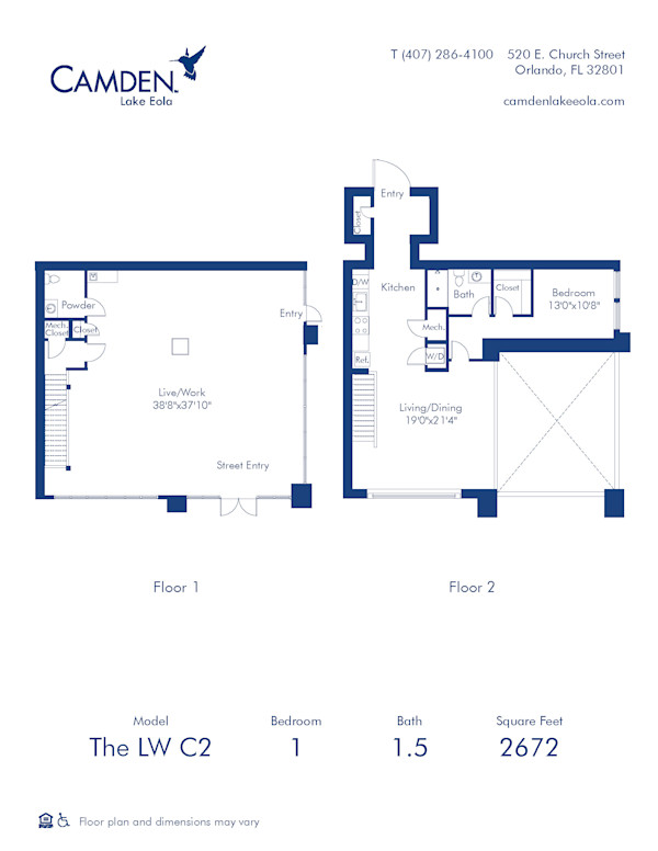 Camden Lake Eola apartments in Downtown Orlando, FL, one bedroom, one and a half bathroom, live/work floor plan LW C2