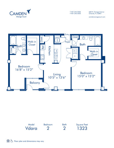 Blueprint of Vdara Floor Plan, 2 Bedrooms and 2 Bathrooms at Camden Orange Court Apartments in Orlando, FL