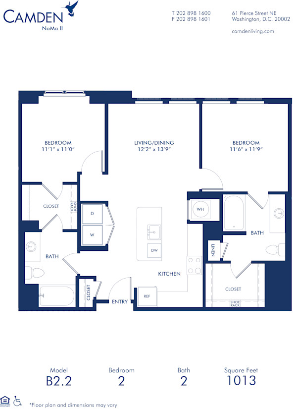 Blueprint of B2.2 Floor Plan, 2 Bedrooms and 2 Bathrooms at Camden NoMa II Apartments in Washington, DC