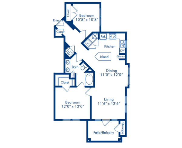 Blueprint of Magnolia Floor Plan, 2 Bedrooms and 1 Bathroom at Camden Whispering Oaks Apartments in Houston, TX