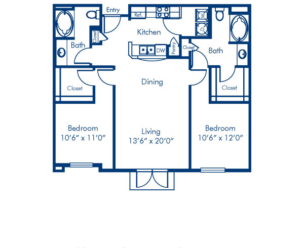 Blueprint of E2 Floor Plan, 2 Bedrooms and 2 Bathrooms at Camden Harbor View Apartments in Long Beach, CA