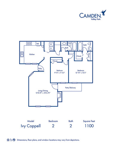 Blueprint of ICP Floor Plan, 2 Bedrooms and 2 Bathrooms at Camden Valley Park Apartments in Irving, TX