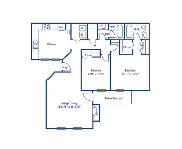Blueprint of ICP Floor Plan, 2 Bedrooms and 2 Bathrooms at Camden Valley Park Apartments in Irving, TX