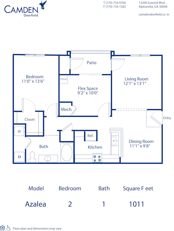 Blueprint of Azalea Floor Plan, 2 Bedrooms and 1 Bathroom at Camden Deerfield Apartments in Alpharetta, GA