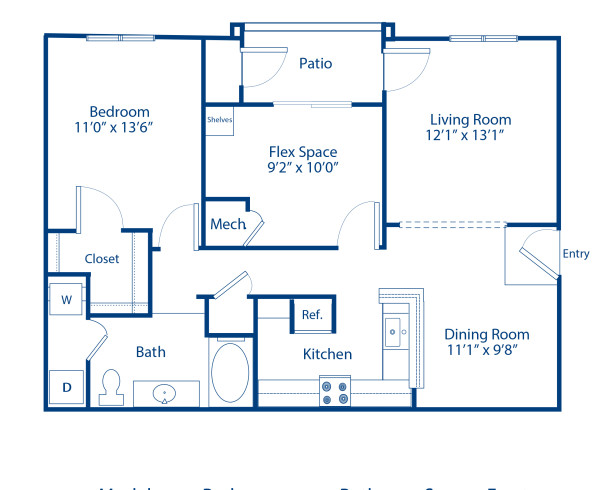 Blueprint of Azalea Floor Plan, 2 Bedrooms and 1 Bathroom at Camden Deerfield Apartments in Alpharetta, GA