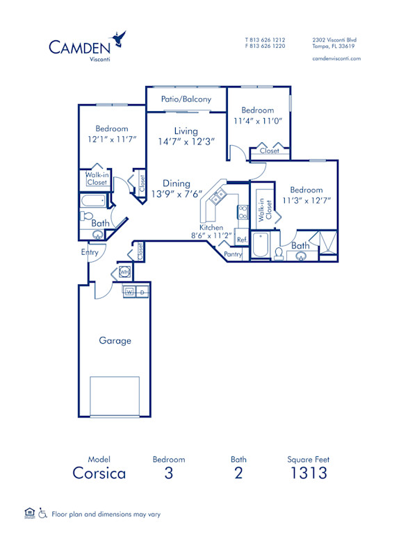 Blueprint of Corsica Floor Plan, 3 Bedrooms and 2 Bathrooms at Camden Visconti Apartments in Tampa, FL