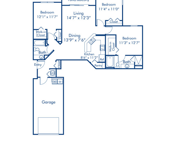 Blueprint of Corsica Floor Plan, 3 Bedrooms and 2 Bathrooms at Camden Visconti Apartments in Tampa, FL