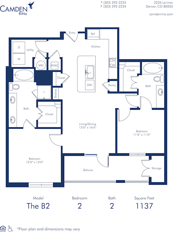 Camden Rino apartments in Denver two bedroom floor plan diagram, The B2