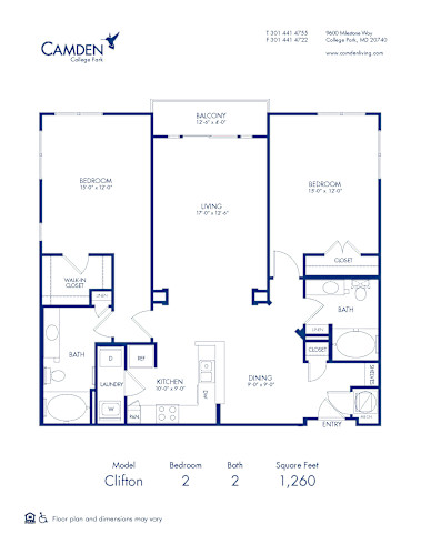 Blueprint of Clifton Floor Plan, 2 Bedrooms and 2 Bathrooms at Camden College Park Apartments in College Park, MD