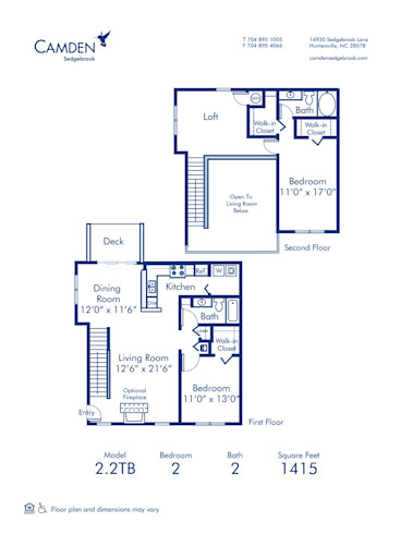 Blueprint of 2.2TB Floor Plan, Apartment Home with 2 Bedrooms and 2 Bathrooms at Camden Sedgebrook in Huntersville, NC