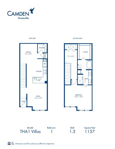 Camden Greenville apartments in Dallas, TX one bedroom, on and a half bathroom floor plan THA1 Villas