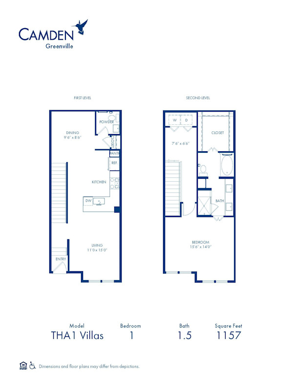 Camden Greenville apartments in Dallas, TX one bedroom, on and a half bathroom floor plan THA1 Villas