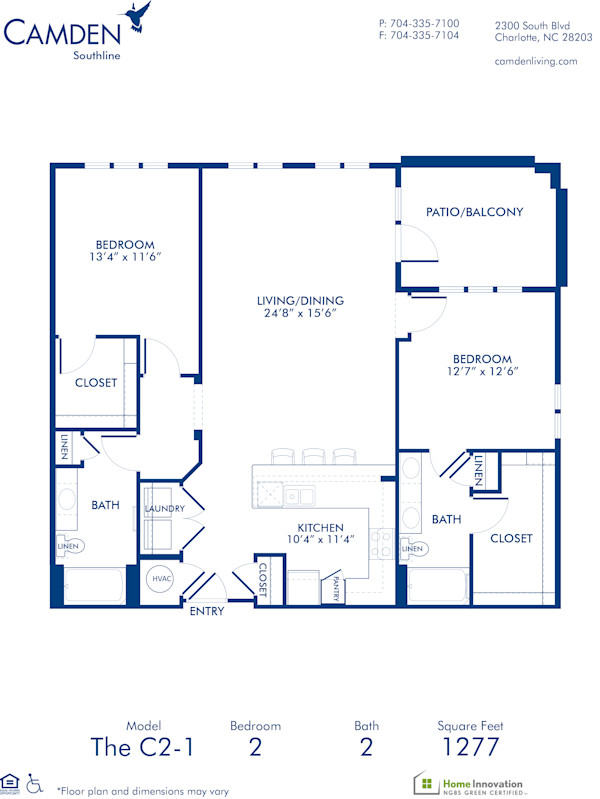 Blueprint of C2-1 Floor Plan, 2 Bedrooms and 2 Bathrooms at Camden Southline Apartments in Charlotte, NC