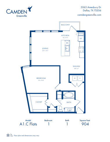 Camden Greenville Apartments, Dallas, TX, A1C Flats Floor Plan, One Bedroom-One Bathroom