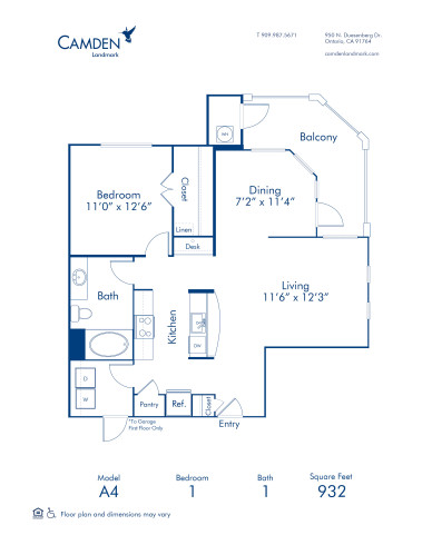 Blueprint of A4 Floor Plan, 1 Bedroom and 1 Bathroom at Camden Landmark Apartments in Ontario, CA
