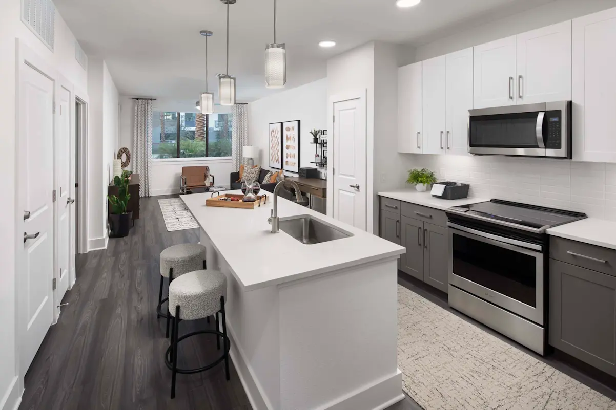 Furnished kitchen and island at Camden North End.