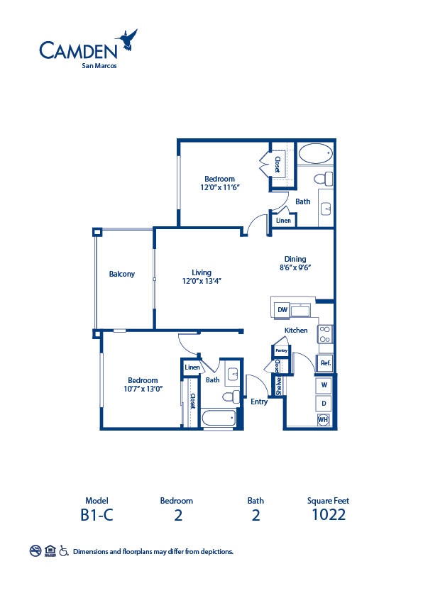 Blueprint of B1-C Floor Plan, 2 Bedrooms and 2 Bathrooms at Camden San Marcos Apartments in Scottsdale, AZ