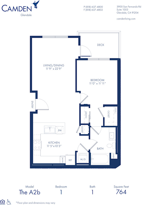 Blueprint of A2b Floor Plan, 1 Bedroom and 1 Bathroom at Camden Glendale Apartments in Glendale, CA