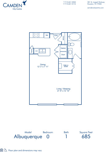 Blueprint of Albuquerque Floor Plan, Studio with 1 Bathroom at Camden City Centre Apartments in Houston, TX