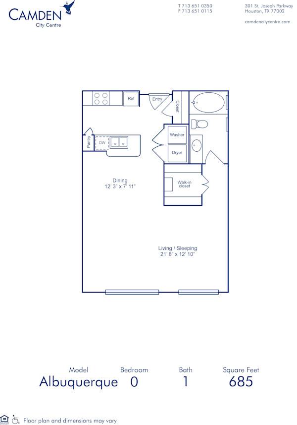 Blueprint of Albuquerque Floor Plan, Studio with 1 Bathroom at Camden City Centre Apartments in Houston, TX