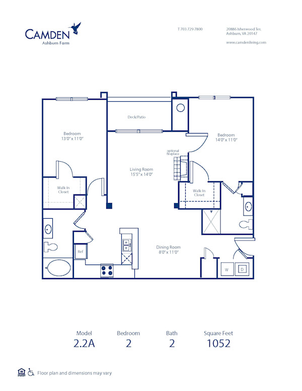 Blueprint of 2.2A Floor Plan, 2 Bedrooms and 2 Bathrooms at Camden Ashburn Farm Apartments in Ashburn, VA