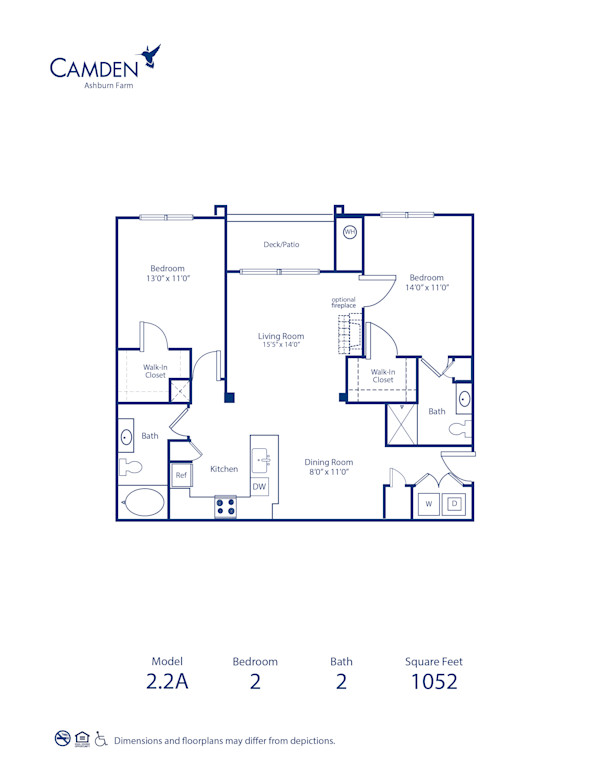 Blueprint of 2.2A Floor Plan, 2 Bedrooms and 2 Bathrooms at Camden Ashburn Farm Apartments in Ashburn, VA