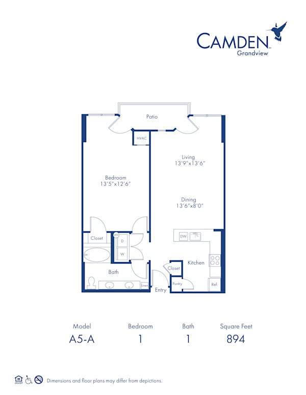 The Lexington-A floor plan, 1 bed, 1 bath 894 sq ft accessible apartment home at Camden Grandview Apartments in Charlotte, NC