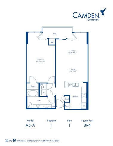 The Lexington-A floor plan, 1 bed, 1 bath 894 sq ft accessible apartment home at Camden Grandview Apartments in Charlotte, NC