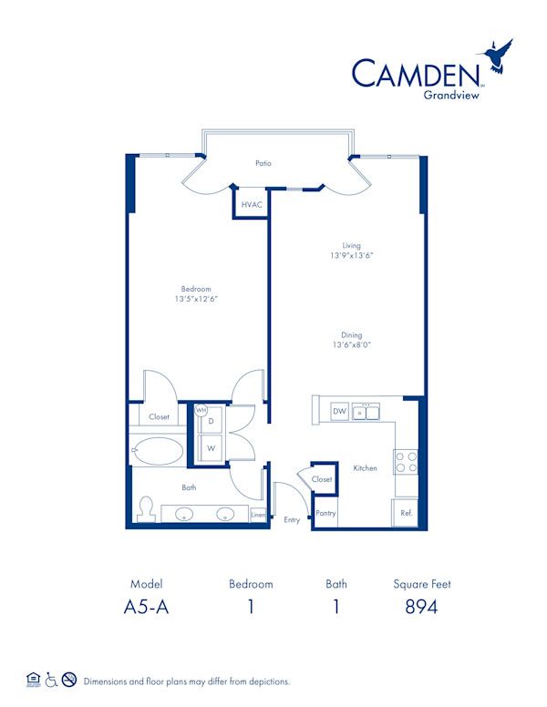The Lexington-A floor plan, 1 bed, 1 bath 894 sq ft accessible apartment home at Camden Grandview Apartments in Charlotte, NC