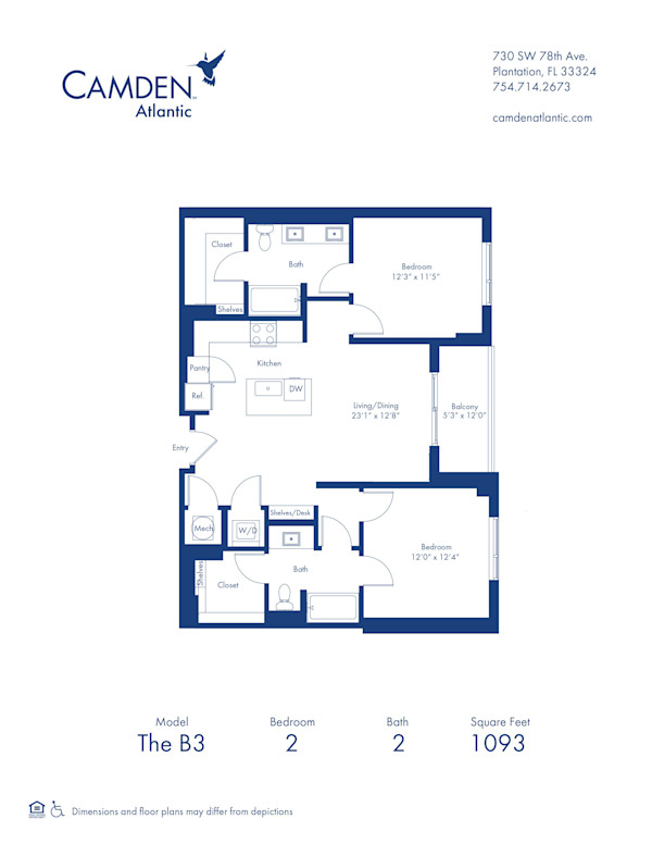 The B3 floor plan, 2 bed, 2 bath apartment home at Camden Atlantic in Plantation, FL