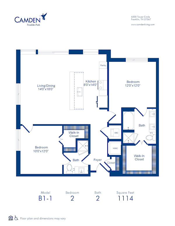 B1-1 floor plan, 2 bed and 2 bath apartment home at Camden Franklin Park in Franklin, TN