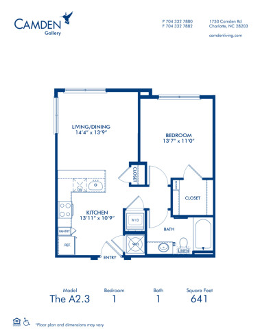 Blueprint of A2.3 Floor Plan, 1 Bedroom and 1 Bathroom at Camden Gallery Apartments in Charlotte, NC