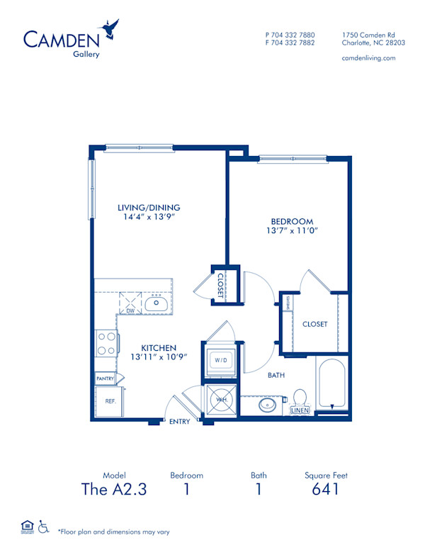 Blueprint of A2.3 Floor Plan, 1 Bedroom and 1 Bathroom at Camden Gallery Apartments in Charlotte, NC
