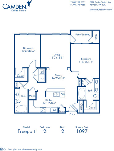 Blueprint of Freeport Floor Plan, 2 Bedrooms and 2 Bathrooms at Camden Dulles Station Apartments in Herndon, VA