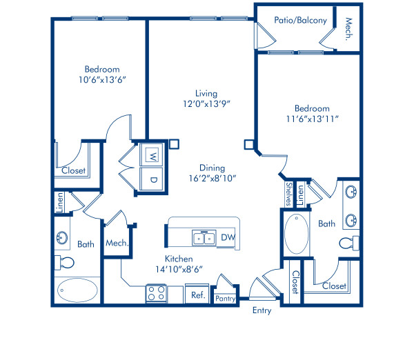 Blueprint of Freeport Floor Plan, 2 Bedrooms and 2 Bathrooms at Camden Dulles Station Apartments in Herndon, VA