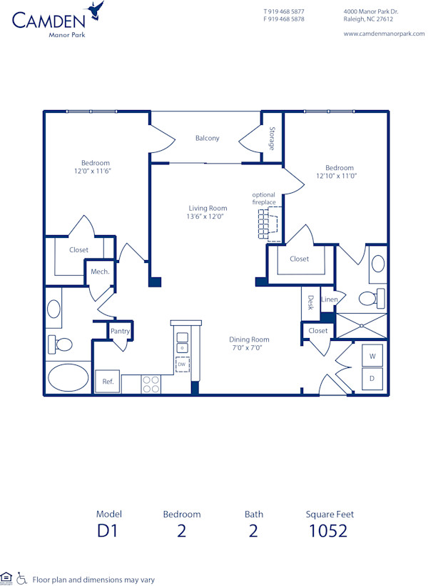 Blueprint of D1 Floor Plan, 2 Bedrooms and 2 Bathrooms at Camden Manor Park Apartments in Raleigh, NC