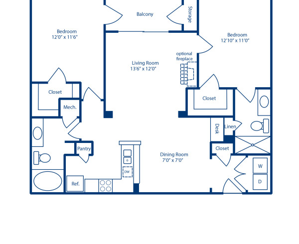 Blueprint of D1 Floor Plan, 2 Bedrooms and 2 Bathrooms at Camden Manor Park Apartments in Raleigh, NC