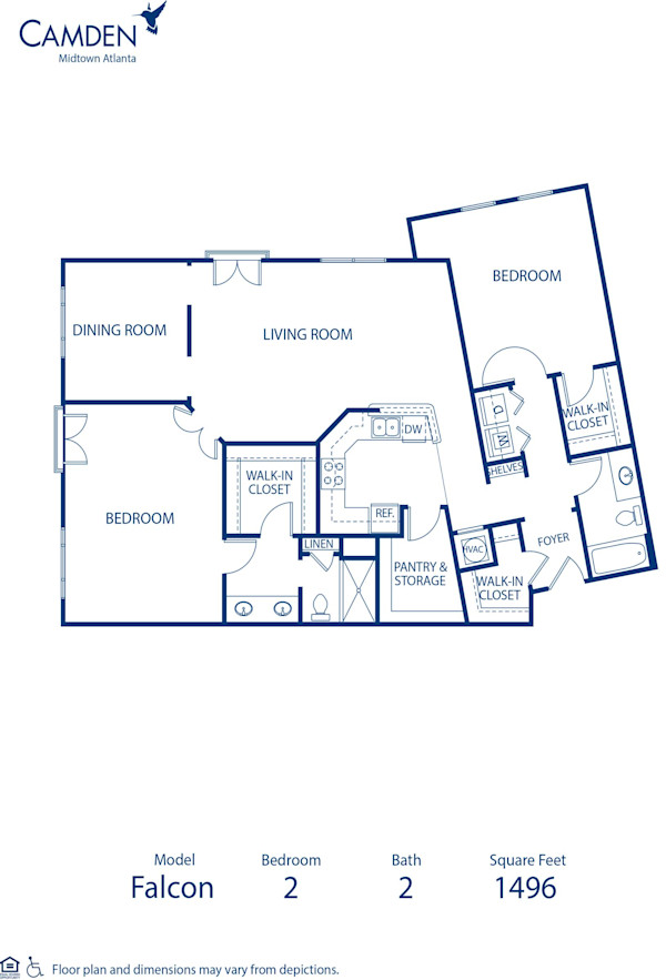 Blueprint of Falcon Floor Plan, 2 Bedrooms and 2 Bathrooms at Camden Midtown Atlanta Apartments in Atlanta, GA