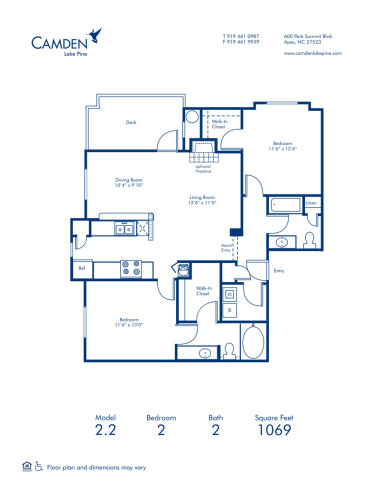 Blueprint of 2.2 Floor Plan, 2 Bedrooms and 2 Bathrooms at Camden Lake Pine Apartments in Apex, NC