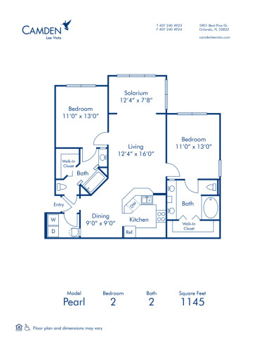 Blueprint of Pearl Floor Plan, Apartment Home with 2 Bedrooms and 2 Bathrooms at Camden Lee Vista in Orlando, FL