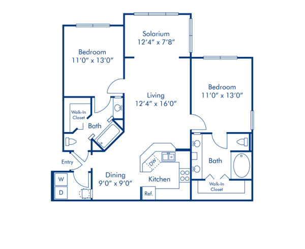 Blueprint of Pearl Floor Plan, Apartment Home with 2 Bedrooms and 2 Bathrooms at Camden Lee Vista in Orlando, FL