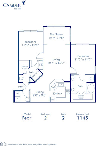 Blueprint of Pearl Floor Plan, Apartment Home with 2 Bedrooms and 2 Bathrooms at Camden Lee Vista in Orlando, FL