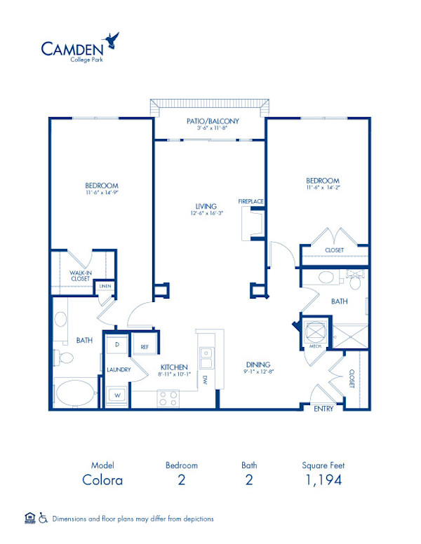 Blueprint of Colora Floor Plan, 2 Bedrooms and 2 Bathrooms at Camden College Park Apartments in College Park, MD