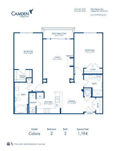 Blueprint of Colora Floor Plan, 2 Bedrooms and 2 Bathrooms at Camden College Park Apartments in College Park, MD